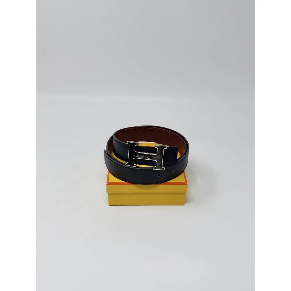 Hermès Belt Strap Black and Red Dark Leather Silver Removable Hermès Logo